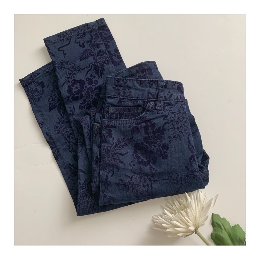 Zara velvet floral flocked navy skinny jeans size 2